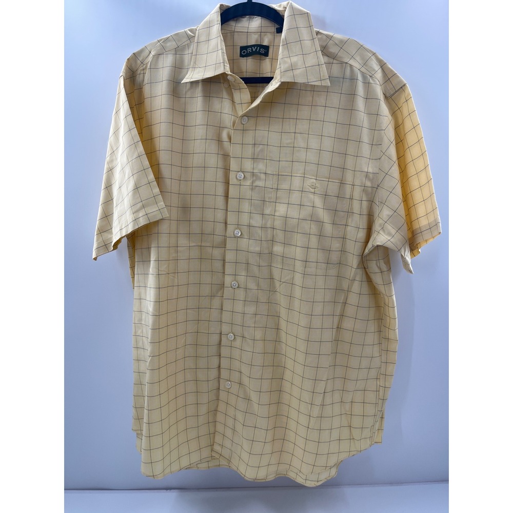 Orvis Mens XL Short Sleeve Button Up Shirt Yellow Windowpane Check Plaid Pocket